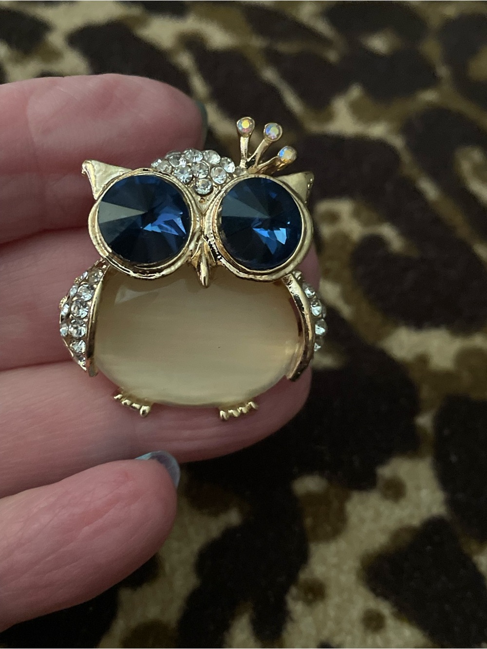 Gold Owl Brooch with Navy Blue Crystal Eyes and Cream Body